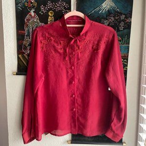 Vintage 90s Floral Embroidered Maroon Blouse Size S/M